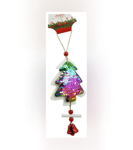 Ornament de brad pom de craciun din paiete, Flippy, multicolor, lemn, 18 cm