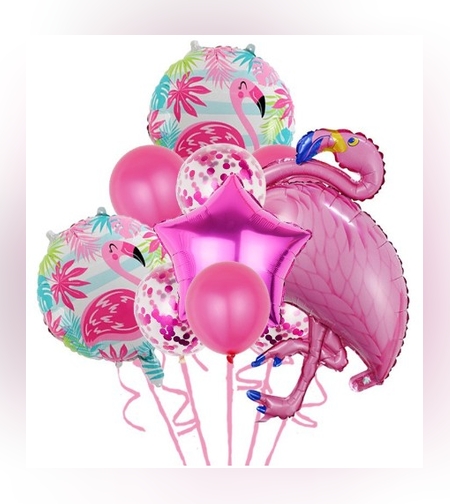 Set Baloane party aniversare, Flippy, din Folie de aluminiu si Latex, set din 10 baloane Flamigo Party, 1 stea, 5 baloane latex, 2 rotunde, 60 -90 cm, Roz