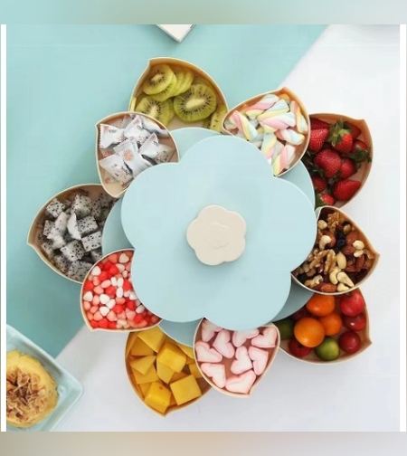Tava pentru Servire, Flippy, pentru Fructe / Legume / Snackuri, cu Sertare, Deschidere Rotativa, pe 2 Straturi, in Forma de Floare, 26 x 26 x 11.5 cm Albastru