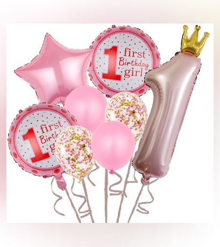 Set 8 Baloane din Folie Metalizată si din Latex, Flippy, Figurine Cifra 1 Printesa 91cm, Stea 45 cm si Cerc 55 cm, Baloane Latex 30 cm, Tema Prima Aniversare, Ambalaj Individual, Pai Inclus, Umflare cu Aer sau Heliu, Roz