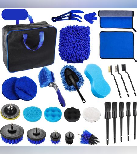 Set 29 Accesorii pentru Curatare Auto, Flippy, din PP si Microfibra, Interior/Exterior, 30 x 24 x 12 cm, Albastru/Negru