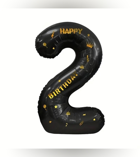 Balon din Folie Metalizata Flippy, Figurina Cifra, Scris Happy Birthday, Tema Aniversare 100 cm, Ambalaj Individual, Pai inclus, Umflare cu Aer sau Heliu, Negru, Cifra 2