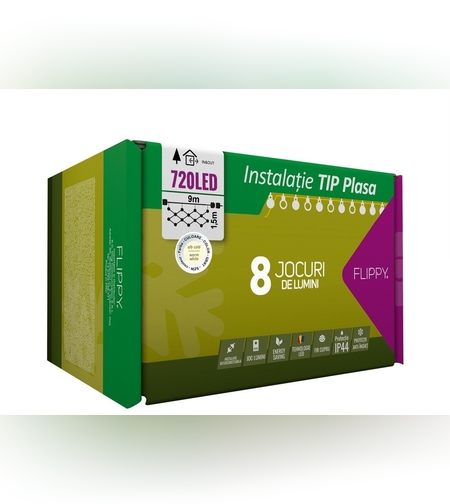 Instalatie Craciun, Tip Plasa, 9 mx 1.5 m, 720 LED-uri, Alb cald, 8 jocuri de lumini, Transformator cu telecomanda, Interconectabila, Prelungitor 5 m inclus, Fir transparent, Flippy