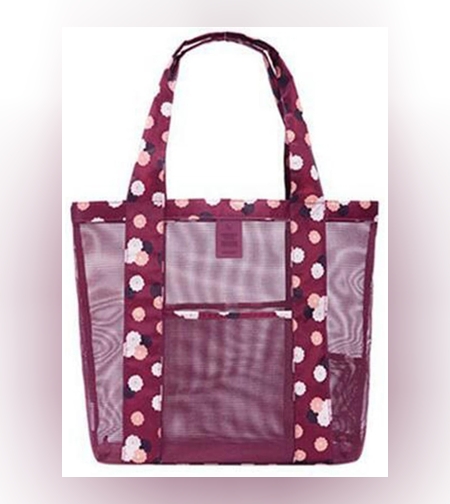 Geanta de Plaja, Flippy, din Plasa Transparenta, Imprimeu Floral, 43 x 10 x 33 cm, Model pentru Umar, Lungime Inferioara 33 cm, Burgundy