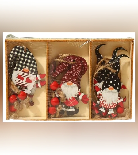 Set 9 Decoratiuni de Craciun din Lemn, Flippy, cu Snur pentru Agatare in Brad, Model Mos Craciun Diferite Dimensiuni, 3 Modele, Multicolor