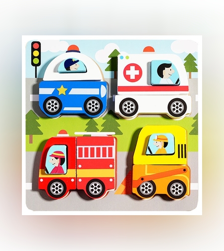 Jucarie Montessori, Flippy, Tip Puzzle 3D, din Lemn, +36 Luni, Model Masini, 18 x 18 x 1.5 cm, Multicolor