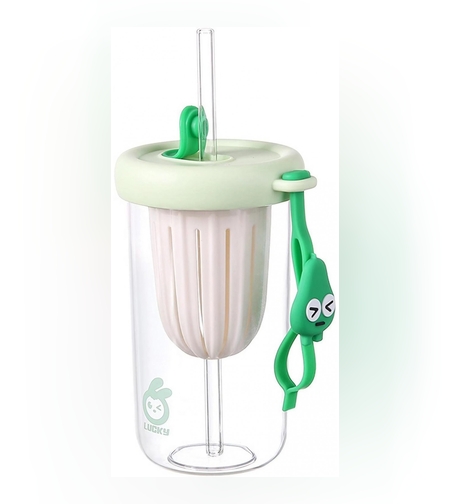 Pahar din silicon, cu capac si pai, pentru copii, Flippy, anti-cadere, compartiment pentru fructe/ceai/gheata, rezistent la temperaturi inalte, 500ml, Verde, 14.5x8.8x20 cm