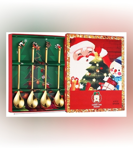 Set 4 Lingurite, Flippy, Tema Craciun, Model Carry The Merry, 4 Modele Tip Pandantiv, din Otel Inoxidabil, 19 x 16 x 2 cm, Multicolor