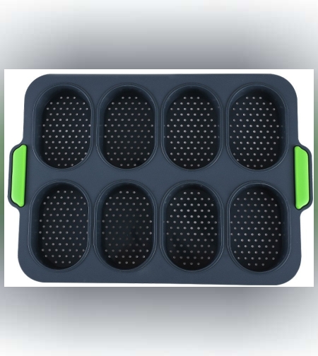 Forme de Silicon pentru Copt, Flippy, 8 Forme Ovale, pentru Paine si Prajituri, 34.5 x 23.8 x 2.5 cm, Negru/Verde