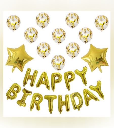 Set 12 Baloane si 1, Set pentru Aniversare, mesaj Happy Birthday, din folie de aluminiu, 30 -45 cm, Cu paiete, latex si folie, Auriu