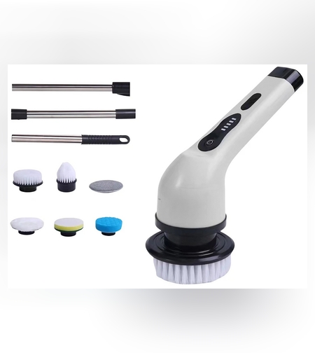 Perie Electrica de Curatare, Flippy, pentru Gresie, Baie, Bucatarie, 25x20x9.5 cm, cu 6 Capete, Maner Extensibil Detasabil 84-127cm, Incarcare USB-Type C, Rotire 360 de Grade, 3000 mAh, Culoare: Alb