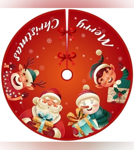 Covoras pentru Bradul de Craciun, Flippy, din Tesatura Pufoasa, cu Fundite de Prindere, Model Mos Craciun si Ajutoarele, Rosu, Diametru 90 cm