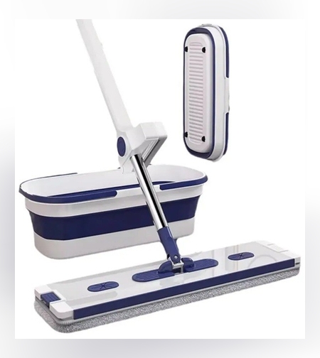 Mop Plat, Flippy, cu Galeata Pliabila, 2 Rezerve din Microfibra, 127 cm Tija Telescopica, Utilizare Umeda/Uscata, Recipient Lichid, Albastru