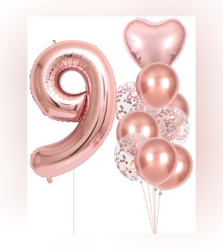 Set 10 Baloane Folie si Latex, Flippy, Tematica Aniversare, Baloane Latex 25cm, Figurina Inimioara 45 cm, Cifra 9 de 81 cm, Ambalaj Individual, Pai Inclus, Umflare cu Aer sau Heliu, Roz Pal