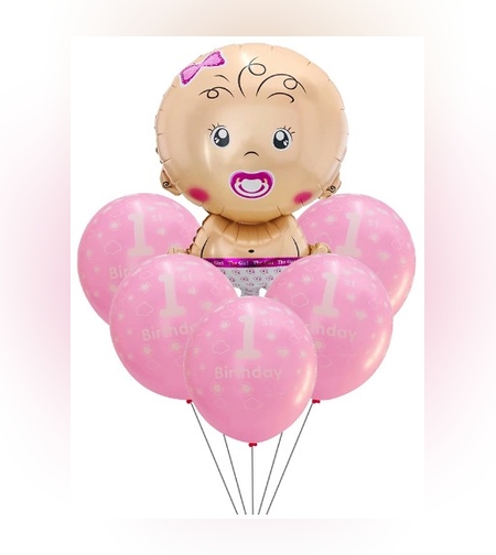 Set baloane pentru fetite, Flippy, FIRST ANYVERSARY, 5 latex 1 Birthday, 1 balon folie din aluminu baby girl, 71 cm, Roz