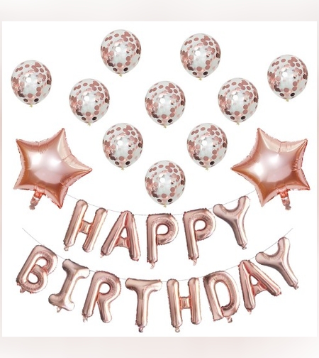 Set 12 Baloane si 1, Set pentru Aniversare, mesaj Happy Birthday, din folie de aluminiu, 30 -45 cm, Cu paiete, latex si folie, Rose Gold