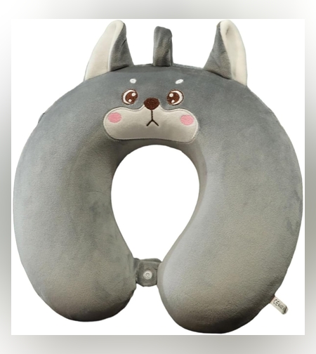 Perna de Calatorie in Forma de U, Flippy, Pentru Gat si Cap, Umplutura din Spuma cu Memorie, 30x30 cm, Model Husky, Accesoriu de Voiaj, Birou, Masina, Sistem Prindere Capse, Gri