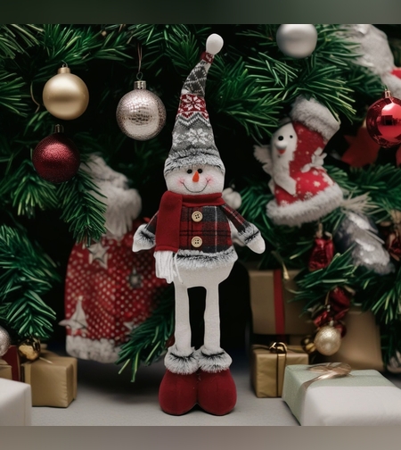 Figurina Decorativa, Pentru Craciun, Flippy, Om de Zapada, Picioare Telescopice, Inaltime Reglabila 44-54cm, Caciula cu Fugi, Rosu/Gri