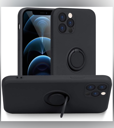 Husa protectie Flippy compatibila cu Apple iPhone 12 Pro Liquid Silicone Ring cu suport rotativ Negru