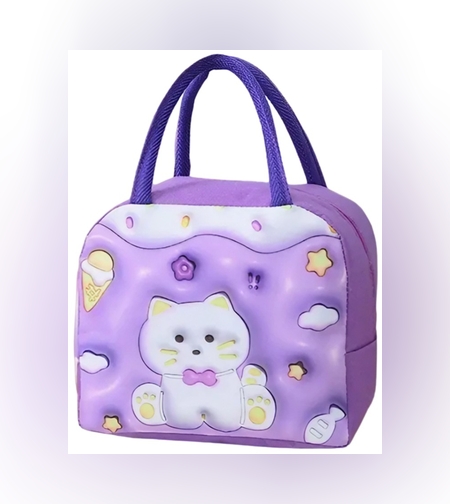 Geantă Frigorifică, Flippy, cu Desene Animate 3D, Portabilă pentru Copii, de Prânz, din Pânză Oxford, 23x13x19 cm, Model Pisicuta, Mov