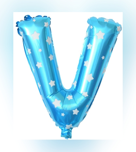 Balon Folie Metalizata Litera V, Flippy, 40 cm, Cu Imprimeu Stelute, Umflati cu Heliu sau Aer, Ambalaj Individual, Pai inclus, Albastru