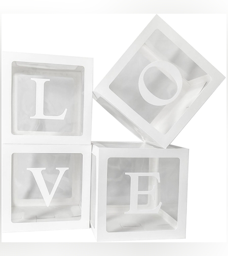 Set 4 Cutii pentru Baloane, Flippy, Model Scris Love, Tematica Iubire, Cuburi Decorative din Plastic, Accesorii pentru Petrecere, 30 x30 cm, Transparente Contur Alb