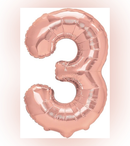 Balon din Folie Metalizata Flippy, Figurina Cifra, Tema Aniversare 80 cm, Ambalaj Individual, Pai inclus, Umflare cu Aer sau Heliu, Rose Gold, Cifra 3