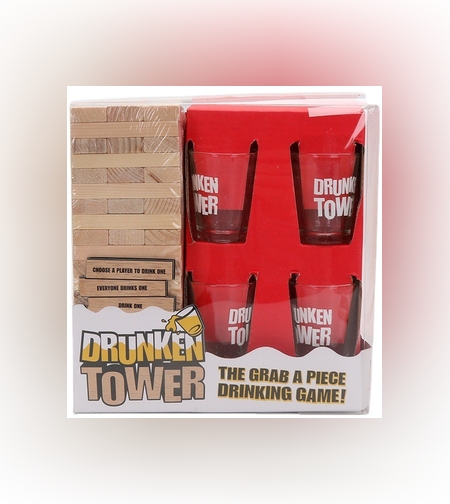 Joc de Baut Jenga Flippy, Turnul Betivului din Lemn, Piese cu Provocari, Pahare de Shot din Sticla Incluse, 19 x 7 x 20 cm