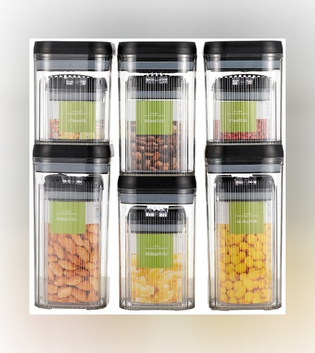 Cutii de Depozitare Alimente, Flippy, Set din 12 Cutii de tip Container, Recipiente pentru Cereale in Bucatarie,  Transparente cu Capac Negru