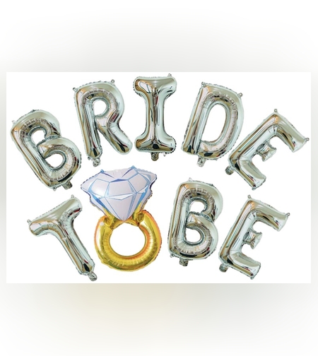 Set Baloane din Folie Metalizata, Flippy, Model Bride to Be cu Inel de Logodna, Litere de 40 cm, Baloane Party, Ambalaj Individual, Pai Inclus, Umflare cu Aer sau Heliu, Argintiu