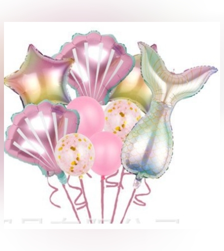 Set baloane aniversare pentru fetita, set din 9 baloane, Flippy, Tematica Sirene, 5 Baloane Folie, 4 baloane latex, Roz metalizat