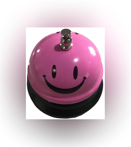 Clopotel Metalic Multifunctional, Flippy, Roz cu Imprimeu SMILEY FACE, 7.5 x 7.5 x 6.5 cm, Dresaj, Receptie, Restaurante,