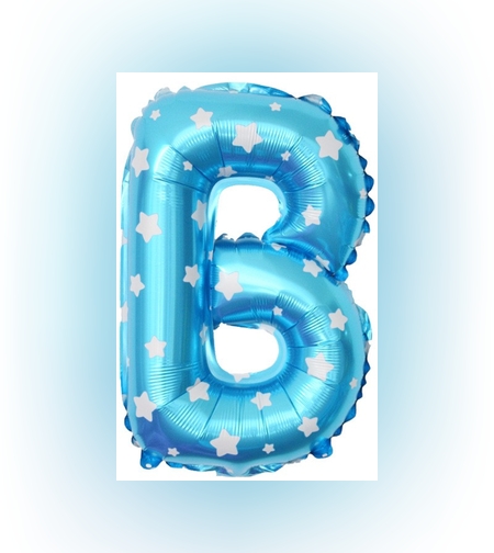 Balon Folie Metalizata Litera B, Flippy, 40 cm, Cu Imprimeu Stelute, Umflati cu Heliu sau Aer, Ambalaj Individual, Pai inclus, Albastru