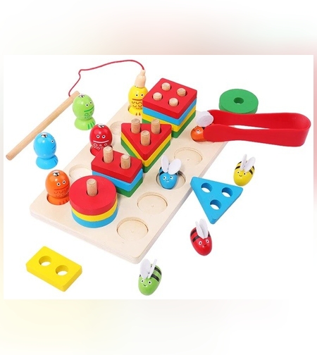 Jucarie Montesorii de Sortat si Pescuit, Flippy, din Lemn, +3 Ani, cu Magnet, Model Forme Geometrice, Pestisori si Albinute, 22.5 x 13 x 5.3 cm, Multicolor