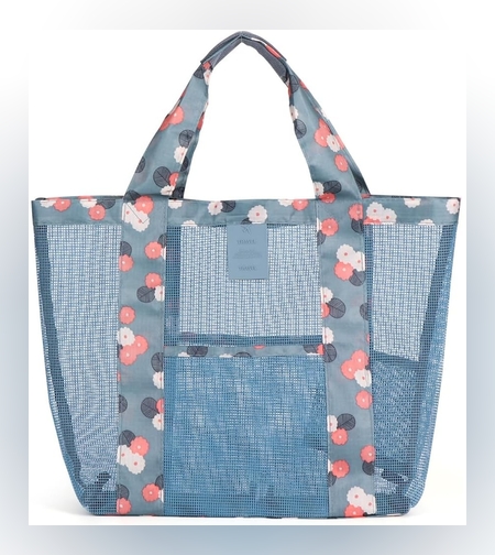 Geanta de Plaja, Flippy, din Plasa Transparenta, Imprimeu Floral, 43 x 10 x 33 cm, Model pentru Umar, Lungime Inferioara 33 cm, Albastru