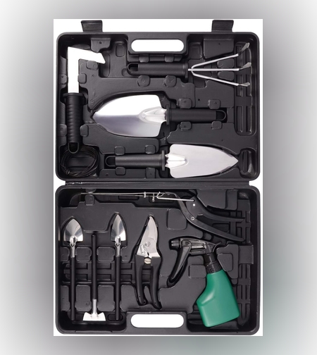 Set 10 Unelte de Gradina, Flippy, pentru Plantare Prelucrare Sol si Ingrijire Plante, Manere Negre, Material PVC si Otel Inoxidabil, Cutie Inclusa, 37x28x7 cm, Negru