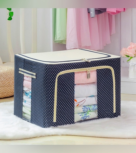 Cutie de Depozitare Pliabila, Flippy, 66 L, din Panza Oxford, 50x40x33 cm, 2 Ferestre, Frontala si Laterala, 2 Usi de Acces cu Fermoar Bidirectional, Cadru Metalic, Suport Baza Stabil din Plastic, Imprimeu Buline, Albastru Marin