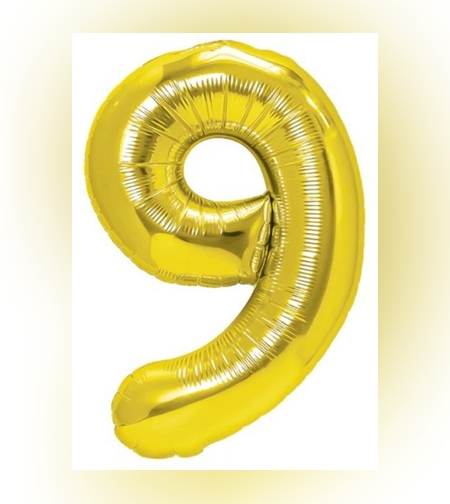 Balon din Folie Metalizata Flippy, Figurina Cifra, Tema Aniversare 100 cm, Ambalaj Individual, Pai inclus, Umflare cu Aer sau Heliu, Auriu, Cifra 9