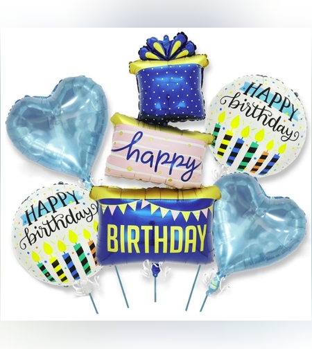 Baloane pentru aniversare, Flippy, tematica Happy Birthday, set 5 baloane, 1 Cadouri, 2 inimi, 2 rotunde, din folie de aluminiu, pai de carton inclus, 60 x 124 cm Albastru