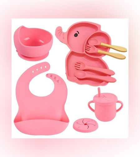Set 10 Piese Servire Masa. Flippy, pentru Bebelusi si Copii, din Silicon/Lemn, cu Ventuze Anti-alunecare, fara Alergeni. +6 Luni, Model Elefant, Roz