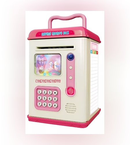 Set Pusculita pentru Copii, Flippy, Tip ATM, Parola cu Amprenta, 13.5 x 11.5 x 20 cm, Roz