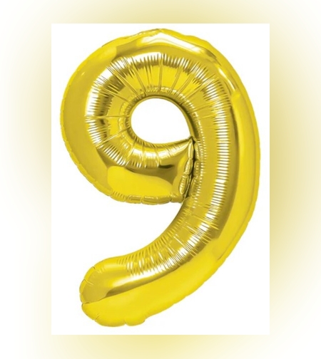 Balon din Folie Metalizata Flippy, Figurina Cifra, Tema Aniversare 40 cm, Ambalaj Individual, Pai inclus, Umflare cu Aer sau Heliu, Auriu, Cifra 9