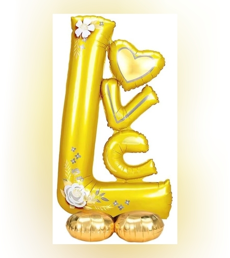 Balon din Folie Metalizata, Flippy, Figurine, Model LOVE, Tematica Iubire, 110x64 cm, Ambalaj Individual, Pai Inclus, Umflare cu Aer sau Heliu, Galben