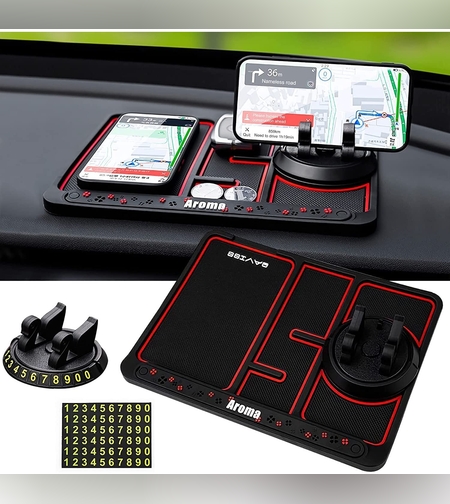 Covoras Pad/Suport Auto 4 in 1 Flippy, Anti alunecare Bord, Universal, Suport Auto Telefon, Tableta, Gps, Rotire 360 ° Multifuntional, Numar telefon, Aroma, Negru