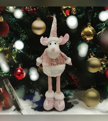 Figurina Decorativa, Pentru Craciun, Flippy, Ren, Picioare Telescopice, Inaltime Reglabila 44-54cm, Bluza cu Paiete, Roz