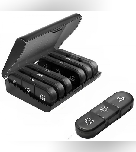 Cutie Depozitare Medicamente, Flippy, 7 Zile, 21 Compartimente, Cutie Suport, Recipiente Detasabile, Portabila, Negru, 15.6x12 cm