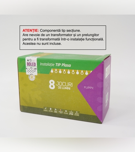 Sectiune Instalatie de Craciun Flippy, Tip Plasa, 80 LED-uri, 2 m x 1 m, 8 jocuri de lumini, Interconectabila, Fir transparent, Alb cald