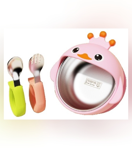 Set 3 Piese Diversificare Bebelusi si Copii, Flippy, Bol, Lingura si Furculita, Model Ratusca, din Silicon si Otel Inoxidabil, Roz