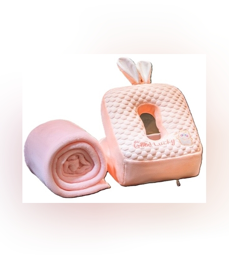 Set 2in1 Patura Microfibra si Perna din Spuma, Flippy, pentru Birou, Calatorii, Pauze, Model Iepuras, Microfibra, 1x1.7 m, 30x35x30 cm, Roz