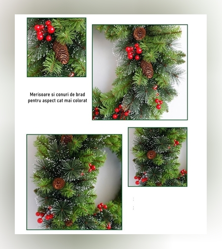 Coronita pentru Craciun Flippy, 60 cm, din brad artificial, decorata cu conuri si merisoare, Verde